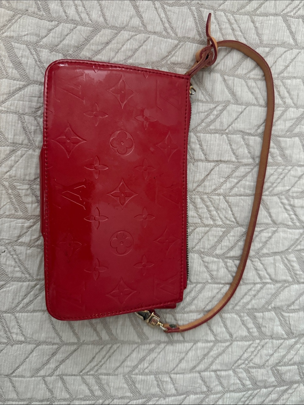 Louis Vuitton Red Vernis Monogram Wristlet Pouch with Tan Strap
